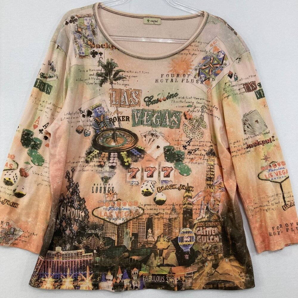 Vintage Cactus size 1X Graphic Novelty Las Vegas Print Stretch 3/4 Sleeve Top